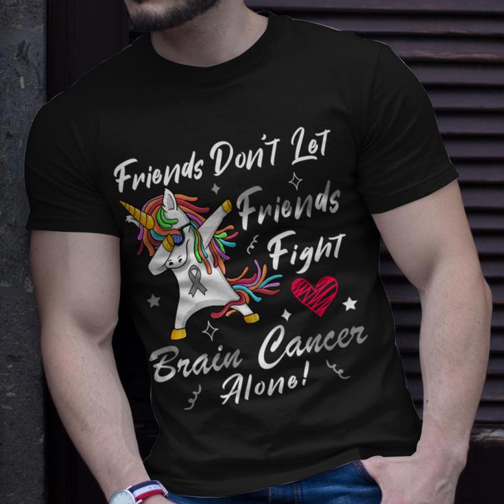 Friends Dont Let Friends Fight Brain Cancer Alone Unicorn Grey Ribbon Brain Cancer Brain Cancer Awareness V2 Unisex T-Shirt Gifts for Him