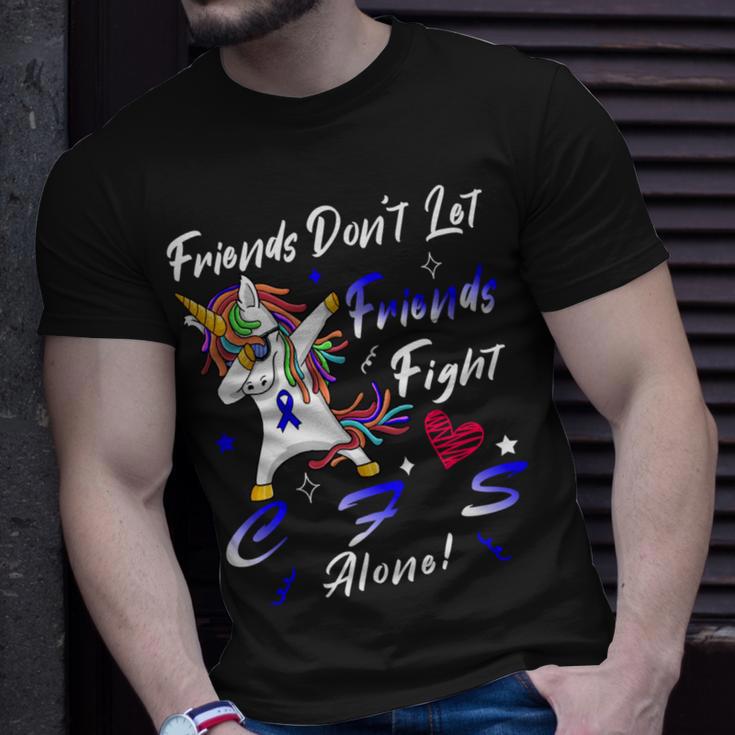 Friends Dont Let Friends Fight Chronic Fatigue Syndrome Cfs Alone Unicorn Blue Ribbon Chronic Fatigue Syndrome Support Cfs Awareness V2 Unisex T-Shirt Gifts for Him