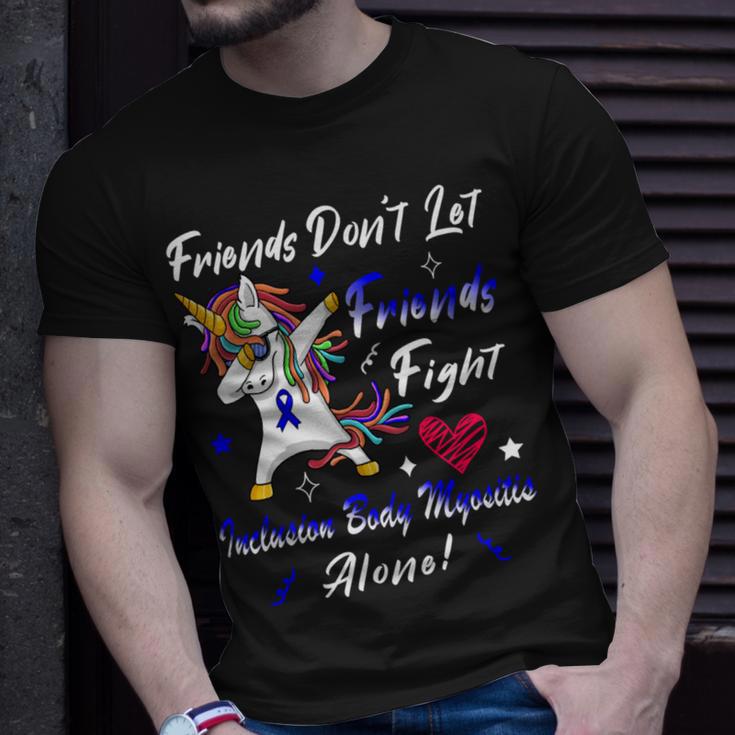 Friends Dont Let Friends Fight Ibm Alone Unicorn Blue Ribbon Inclusion Body Myositis Inclusion Body Myositis Awareness Unisex T-Shirt Gifts for Him