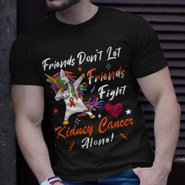 Friends Dont Let Friends Fight Kidney Cancer Alone Unicorn Orange Ribbon Kidney Cancer Kidney Cancer Awareness Unisex T-Shirt Gifts for Him