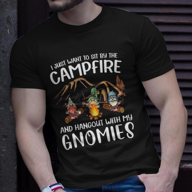 Funny Camping Gnome Hangout With My Gnomies Campfire Unisex T-Shirt Gifts for Him