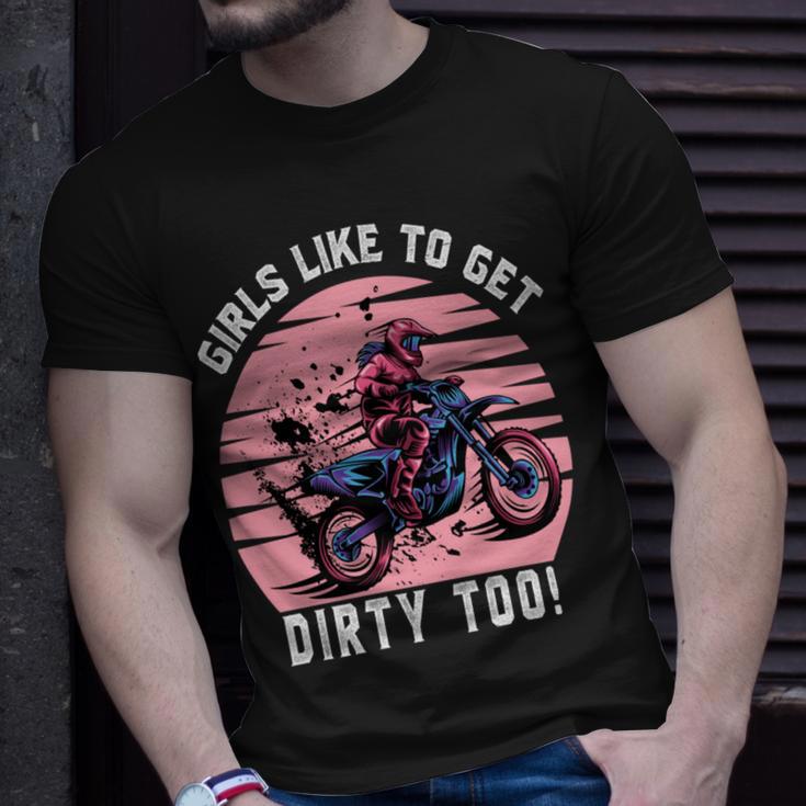 Girls Like To Get Dirty Too Funny Girl Motocross Gift Girl Motorcycle Lover Vintage Unisex T-Shirt Gifts for Him