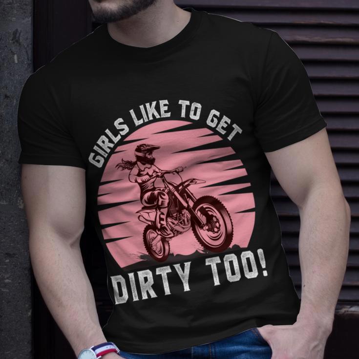 Girls Like To Get Dirty Too Funny Girl Motocross Gift Girl Motorcycle Lover Vintage V2 Unisex T-Shirt Gifts for Him