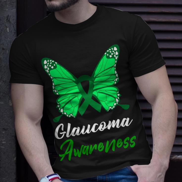 Glaucoma Awareness Butterfly Green Ribbon Glaucoma Glaucoma Awareness Unisex T-Shirt Gifts for Him