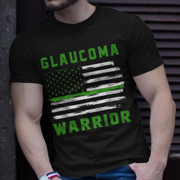 Glaucoma Warrior Usa Flag United States Flag Green Ribbon Glaucoma Glaucoma Awareness Unisex T-Shirt Gifts for Him