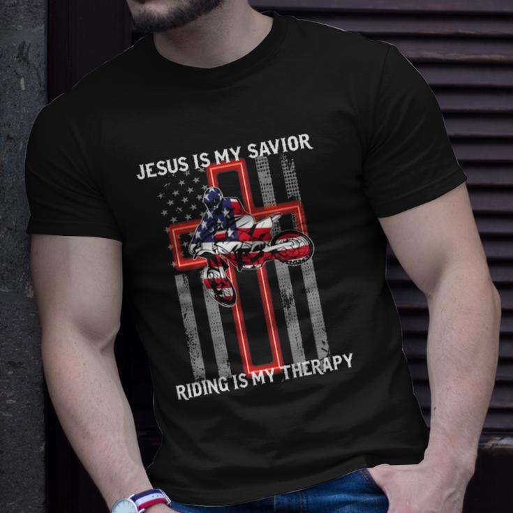 Jesus Is My Savior Riding Is My Therapy Us Flag Unisex T-Shirt Gifts for Him