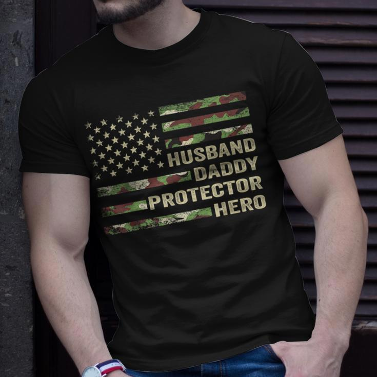 Mens Husband Daddy Protector Hero Fathers Day Flag Gift Unisex T-Shirt Gifts for Him