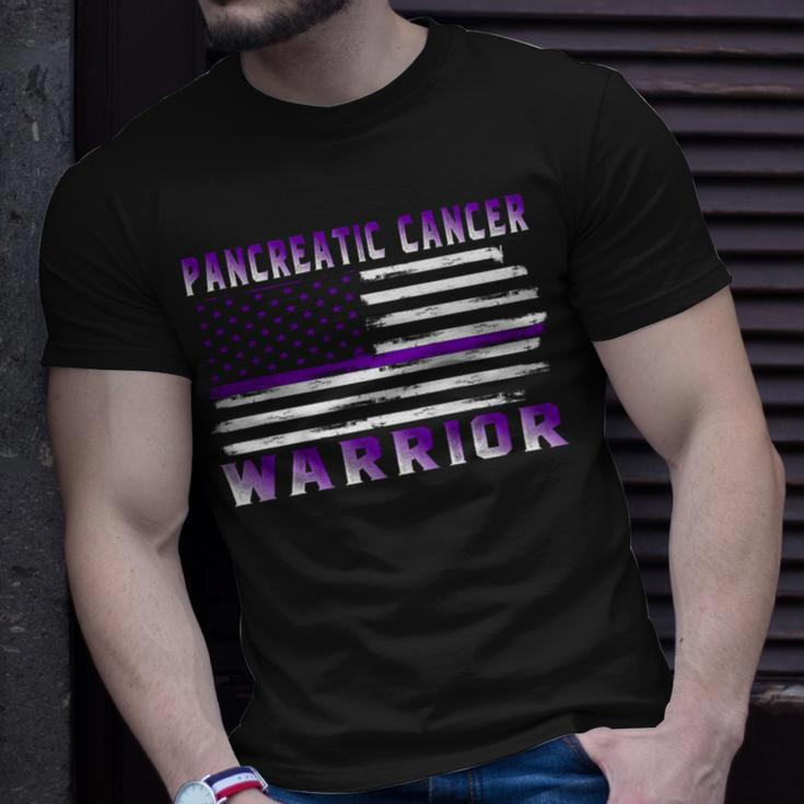 Pancreatic Cancer Warrior Usa Flag United States Flag Purple Ribbon Pancreatic Cancer Pancreatic Cancer Awareness Unisex T-Shirt Gifts for Him