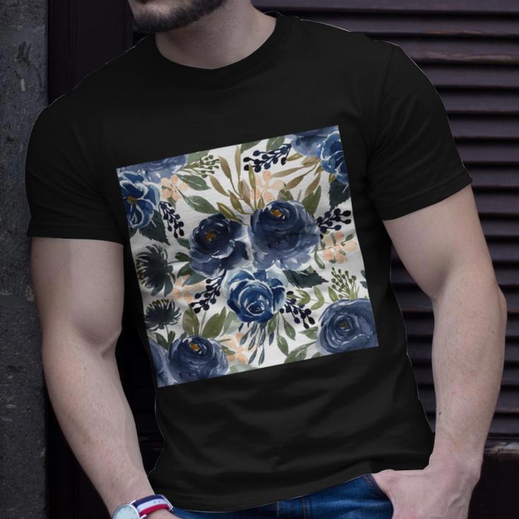 Pattern Watercolor Flower Navy Blue Unisex T-Shirt Gifts for Him