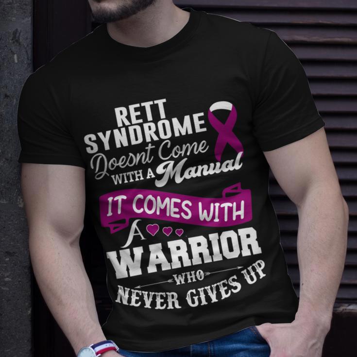 Rett Syndrome Doesnt Come With A Manual It Comes With A Warrior Who Never Gives Up Purple Ribbon Rett Syndrome Rett Syndrome Awareness Unisex T-Shirt Gifts for Him