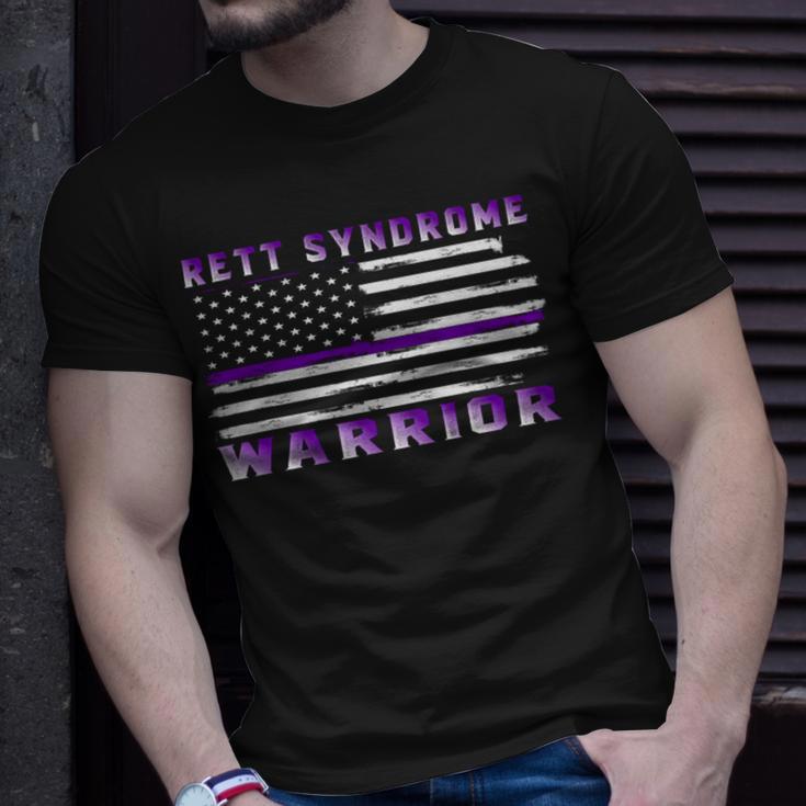 Rett Syndrome Warrior Usa Flag United States Flag Purple Ribbon Rett Syndrome Rett Syndrome Awareness Unisex T-Shirt Gifts for Him