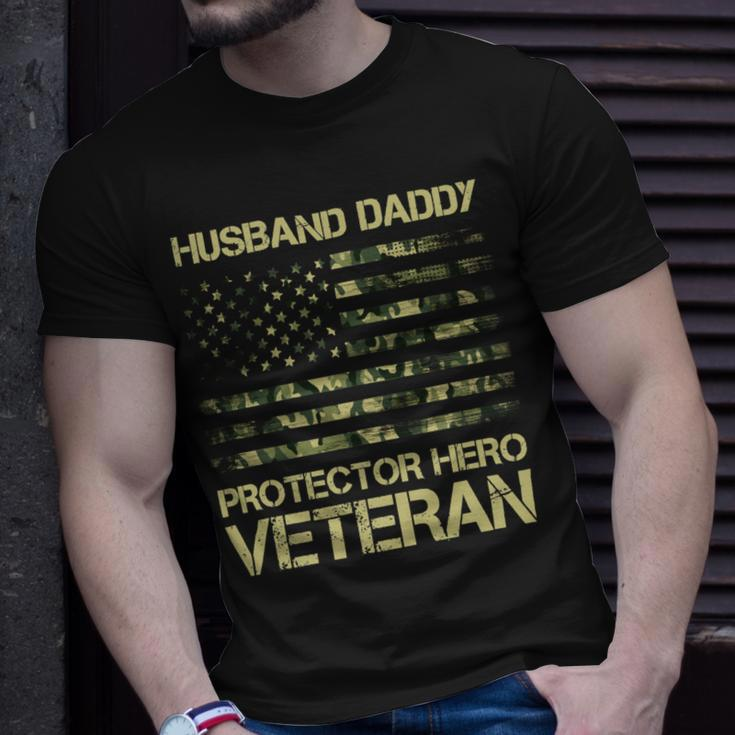 Veteran Husband Daddy Protector Hero Veteran American Flag Vintage Dad 2 Navy Soldier Army Military Unisex T-Shirt Gifts for Him