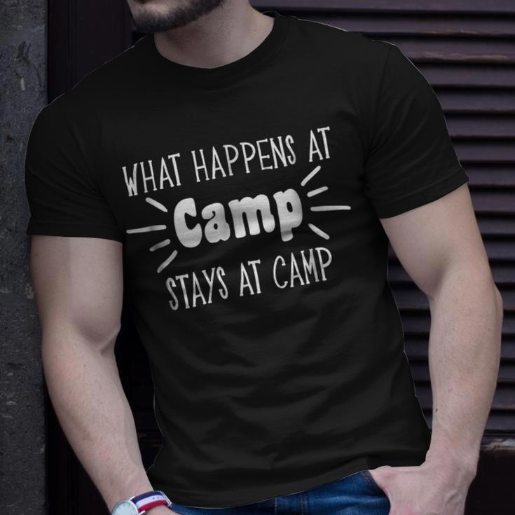 What Happens At Camp Stays Shirt Funny Men Women Camping Unisex T-Shirt Gifts for Him