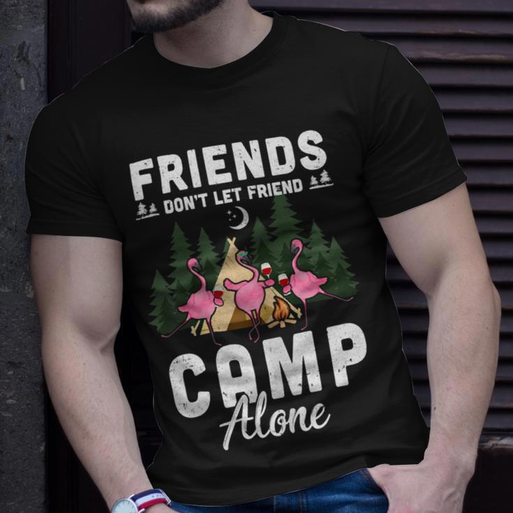 Womens Friends Dont Let Friends Camp Alone Wine Camping FlamingoShirt Unisex T-Shirt Gifts for Him