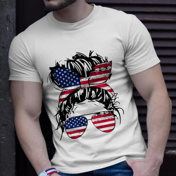 4Th Of July American Flag Patriotic Daughter Messy Bun Usa Unisex T-Shirt Gifts for Him