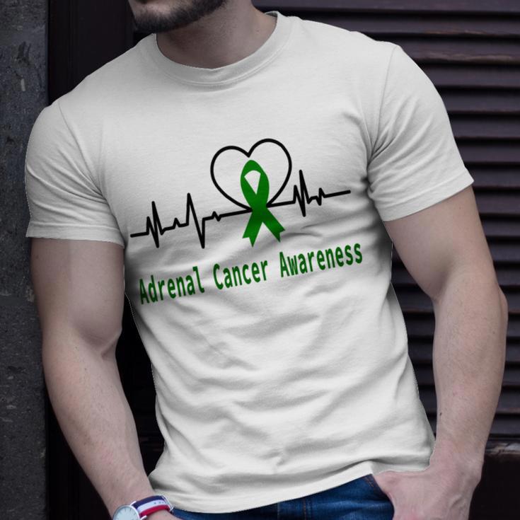 Adrenal Cancer Awareness Heartbeat Green Ribbon Adrenal Cancer Adrenal Cancer Awareness Unisex T-Shirt Gifts for Him