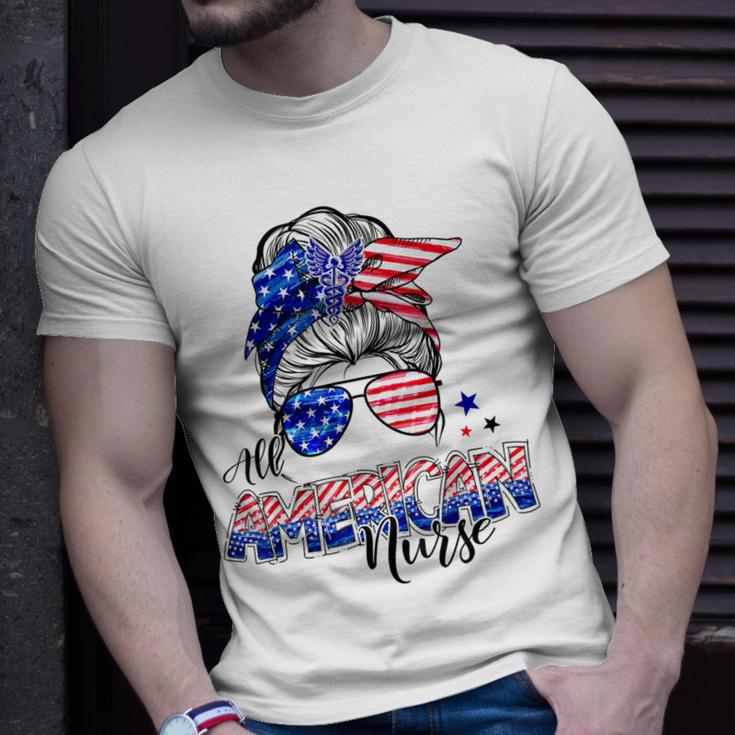 American Flag Patriotic Nurse Messy Bun 4Th Of July Unisex T-Shirt Gifts for Him
