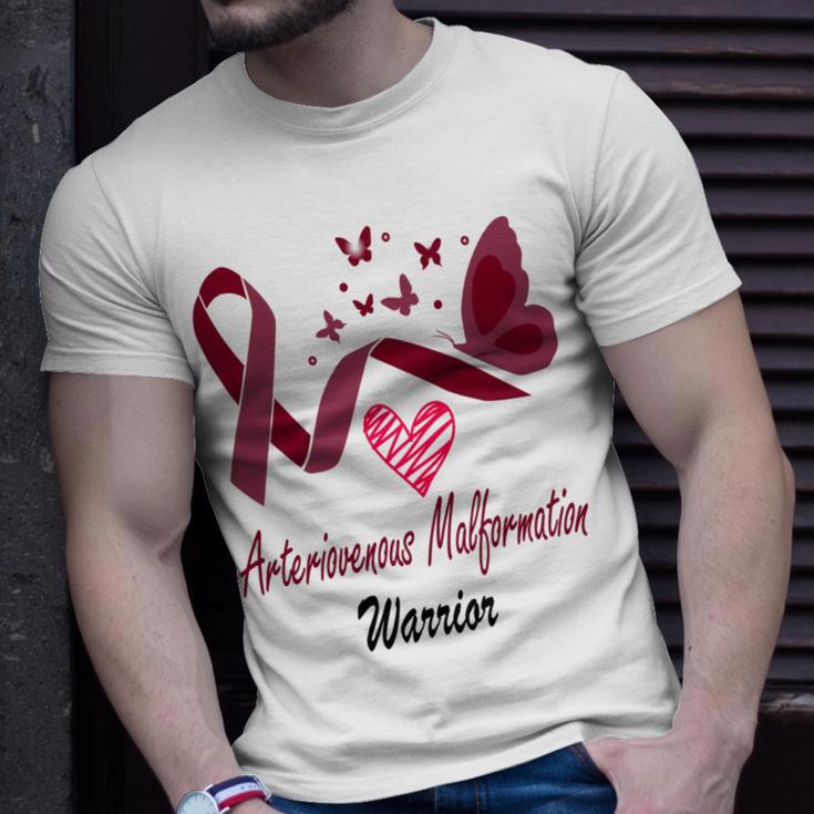 Arteriovenous Malformation Warrior Butterfly Funny Unicorn Burgundy Ribbon Arteriovenous Malformation Support Arteriovenous Malformation Awareness Unisex T-Shirt Gifts for Him