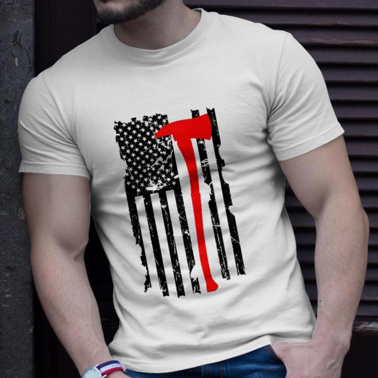 Distressed Patriot Axe Thin Red Line American Flag Unisex T-Shirt Gifts for Him