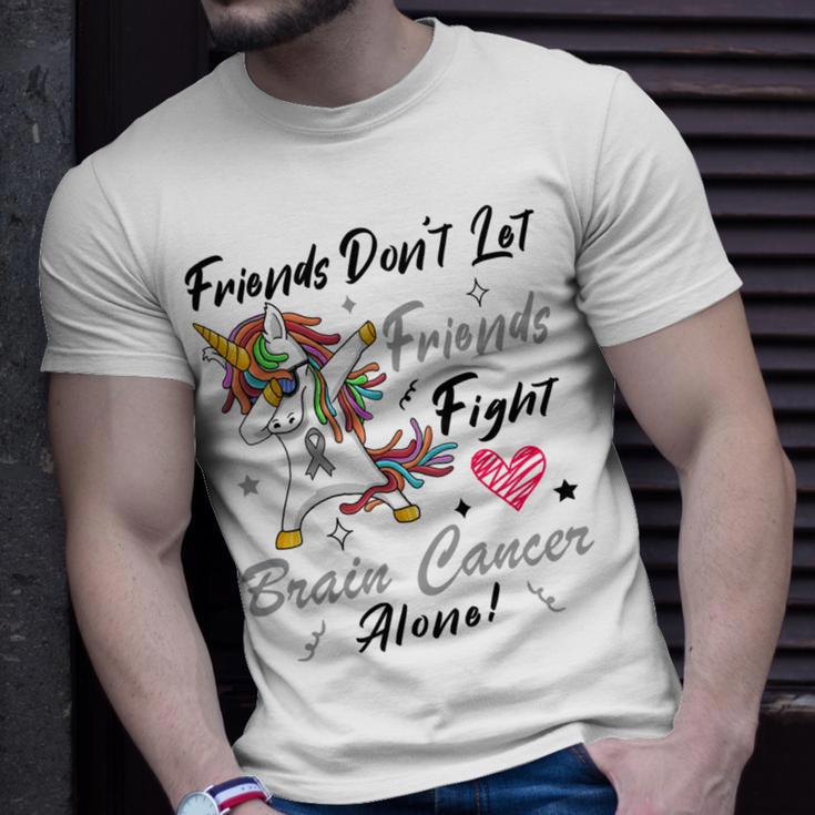 Friends Dont Let Friends Fight Brain Cancer Alone Unicorn Grey Ribbon Brain Cancer Brain Cancer Awareness Unisex T-Shirt Gifts for Him