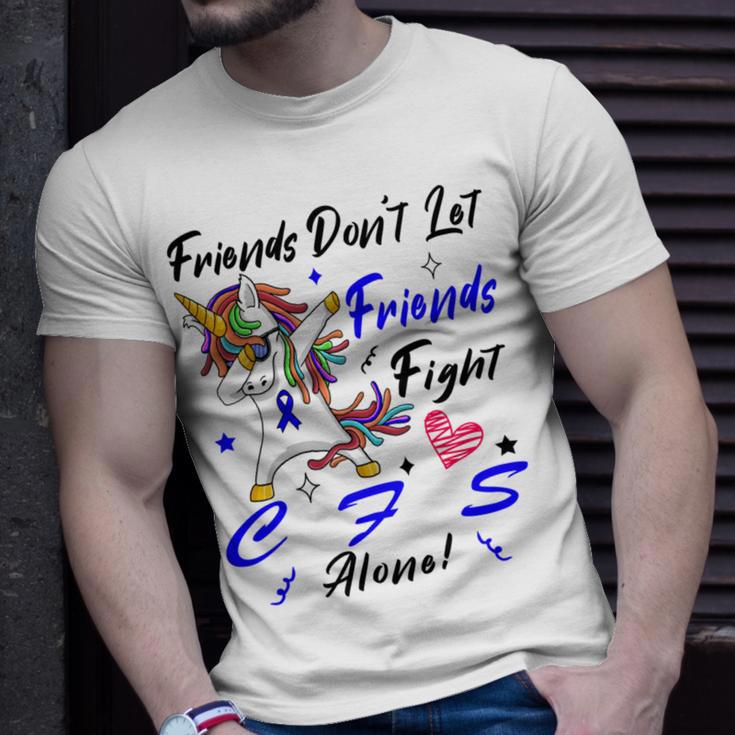 Friends Dont Let Friends Fight Chronic Fatigue Syndrome Cfs Alone Unicorn Blue Ribbon Chronic Fatigue Syndrome Support Cfs Awareness Unisex T-Shirt Gifts for Him