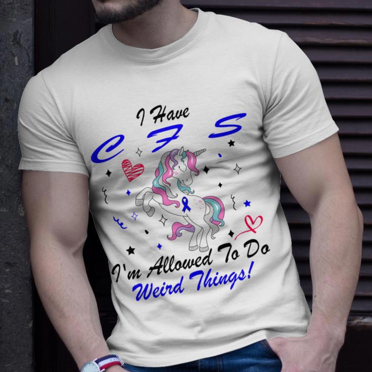 I Have Chronic Fatigue Syndrome Cfs Im Allowed To Do Weird Things Unicorn Blue Ribbon Chronic Fatigue Syndrome Support Cfs Awareness Unisex T-Shirt Gifts for Him