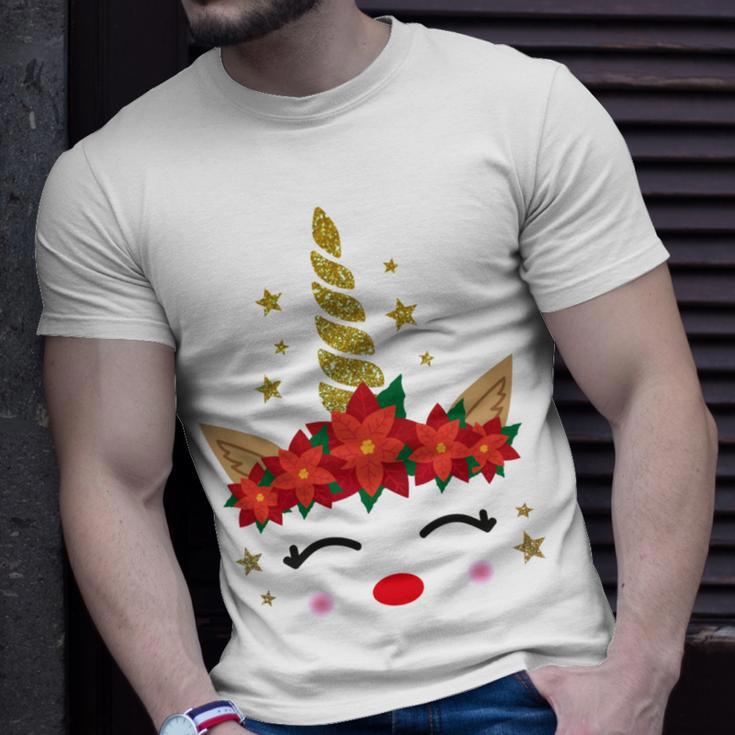 New Christmas Unicorn Face Santicorn Poinsettia Crown Cute Unisex T-Shirt Gifts for Him