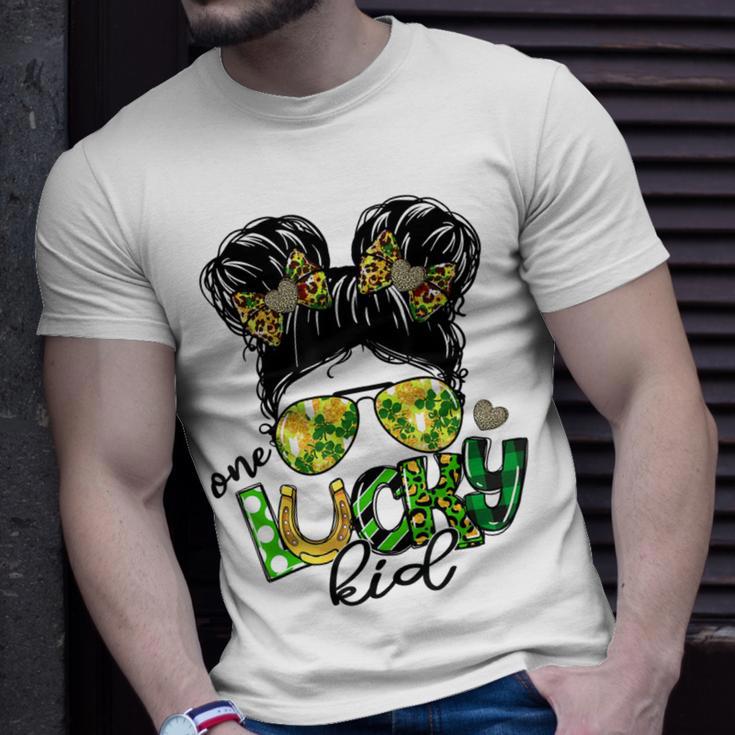 One Lucky Kid Messy Bun Shamrock St Patricks Day Unisex T-Shirt Gifts for Him