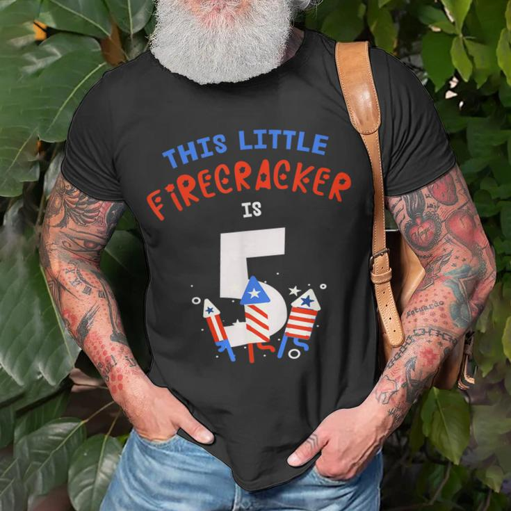5Th Birthday This Little Firecracker Is 5 Fireworks 4Th July Unisex T-Shirt Gifts for Old Men