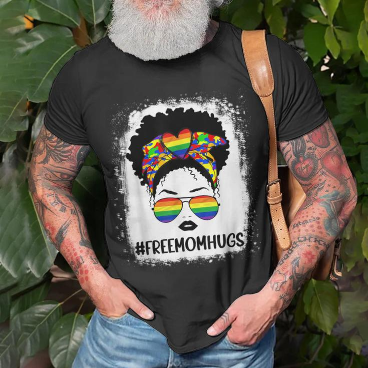 Black Womens Free Mom Hugs Messy Bun Lgbt Pride Rainbow Unisex T-Shirt Gifts for Old Men