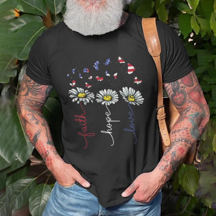 Faith Hope Love 4Th July Daisy Flowers Butterflies Us Flag Unisex T-Shirt Gifts for Old Men