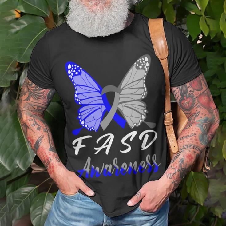 Fasd Awareness Butterfly Blue And Grey Ribbon Fetal Alcohol Spectrum Disorder Fetal Alcohol Spectrum Disorder Awareness Unisex T-Shirt Gifts for Old Men