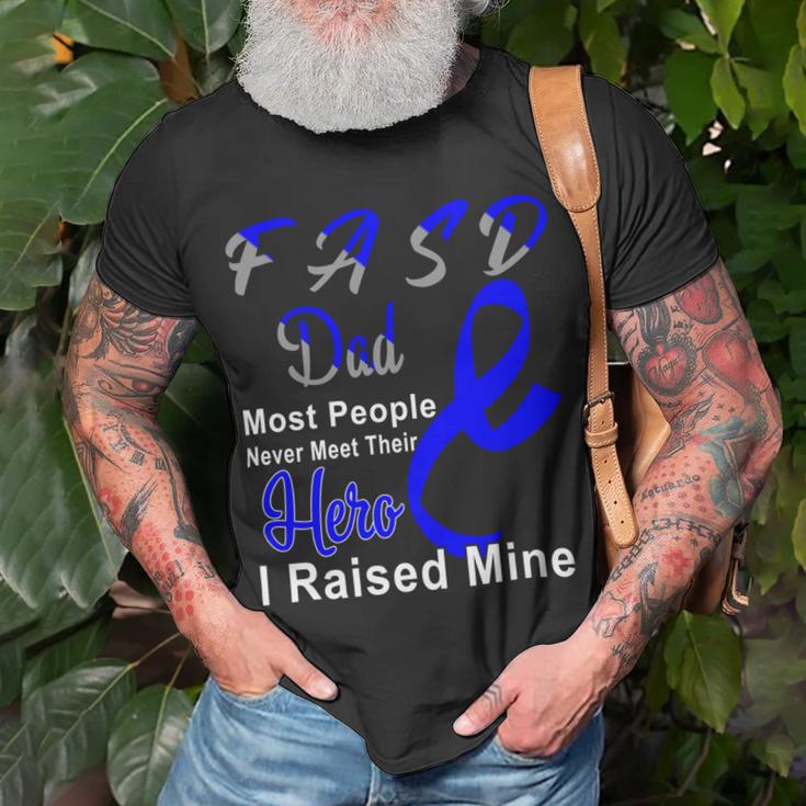 Fasd Dad Most People Never Meet Their Hero I Raised Mine Blue And Grey Ribbon Fetal Alcohol Spectrum Disorder Fetal Alcohol Spectrum Disorder Awareness Unisex T-Shirt Gifts for Old Men