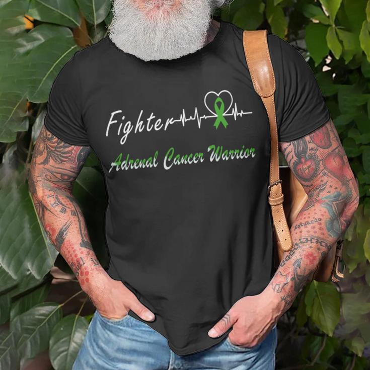 Fighter Adrenal Cancer Warrior Heartbeat Green Ribbon Adrenal Cancer Adrenal Cancer Awareness Unisex T-Shirt Gifts for Old Men