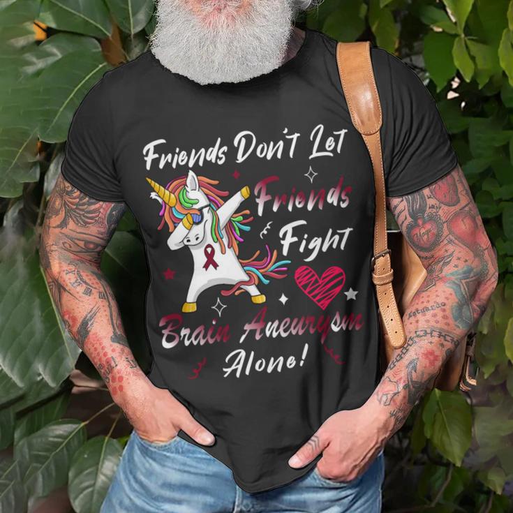 Friends Dont Let Friends Fight Brain Aneurysm Alone Unicorn Burgundy Ribbon Brain Aneurysm Bpd Brain Aneurysm V2 Unisex T-Shirt Gifts for Old Men