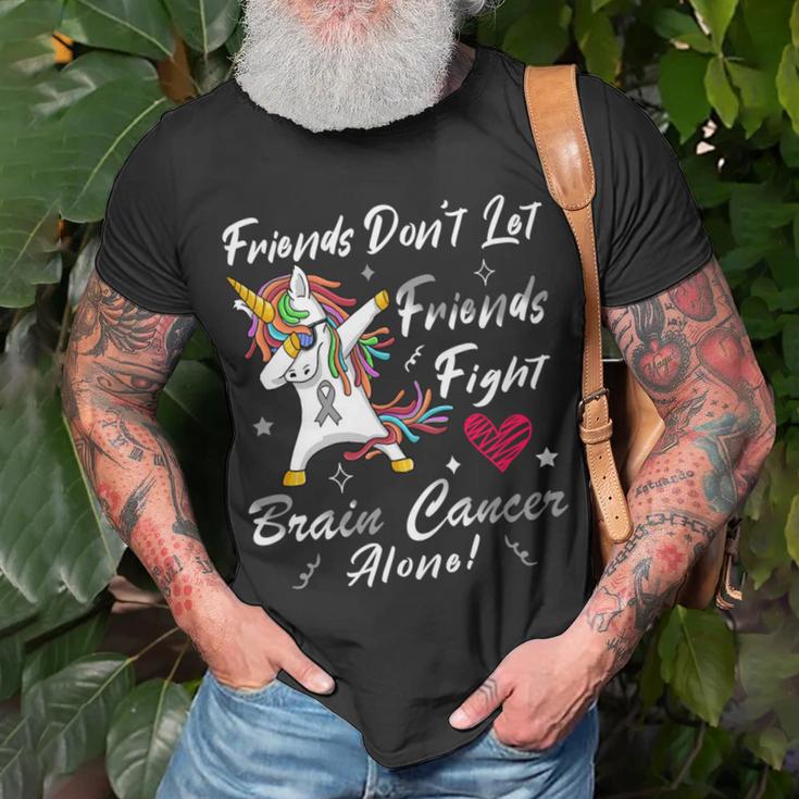 Friends Dont Let Friends Fight Brain Cancer Alone Unicorn Grey Ribbon Brain Cancer Brain Cancer Awareness V2 Unisex T-Shirt Gifts for Old Men