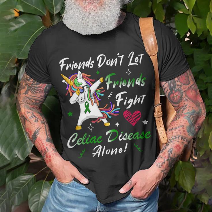 Friends Dont Let Friends Fight Celiac Disease Alone Unicorn Green Ribbon Celiac Disease Celiac Disease Awareness Unisex T-Shirt Gifts for Old Men