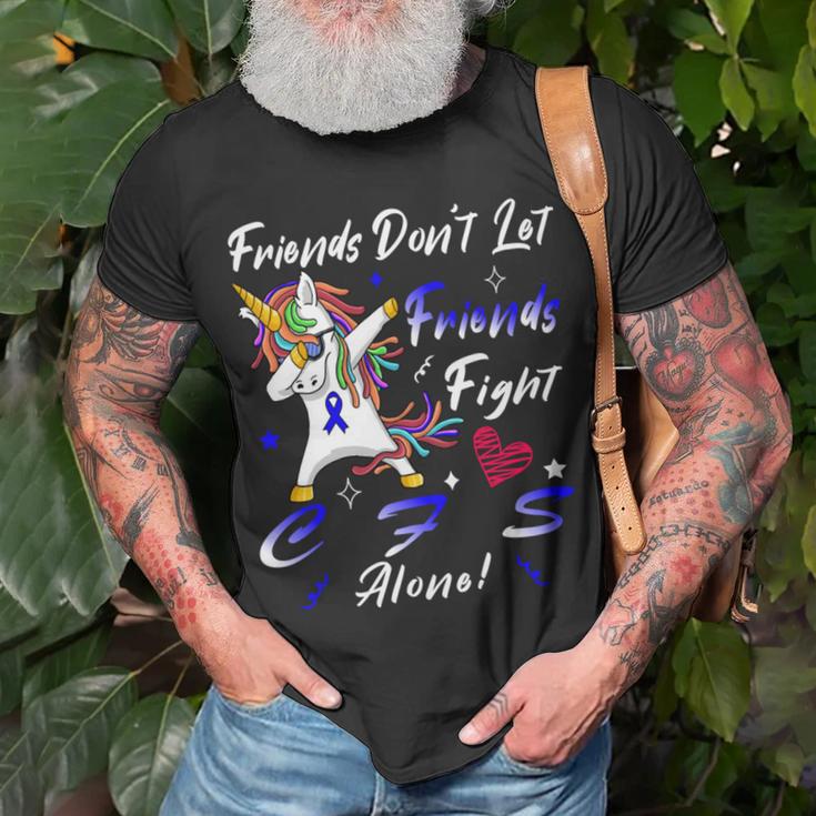 Friends Dont Let Friends Fight Chronic Fatigue Syndrome Cfs Alone Unicorn Blue Ribbon Chronic Fatigue Syndrome Support Cfs Awareness V2 Unisex T-Shirt Gifts for Old Men