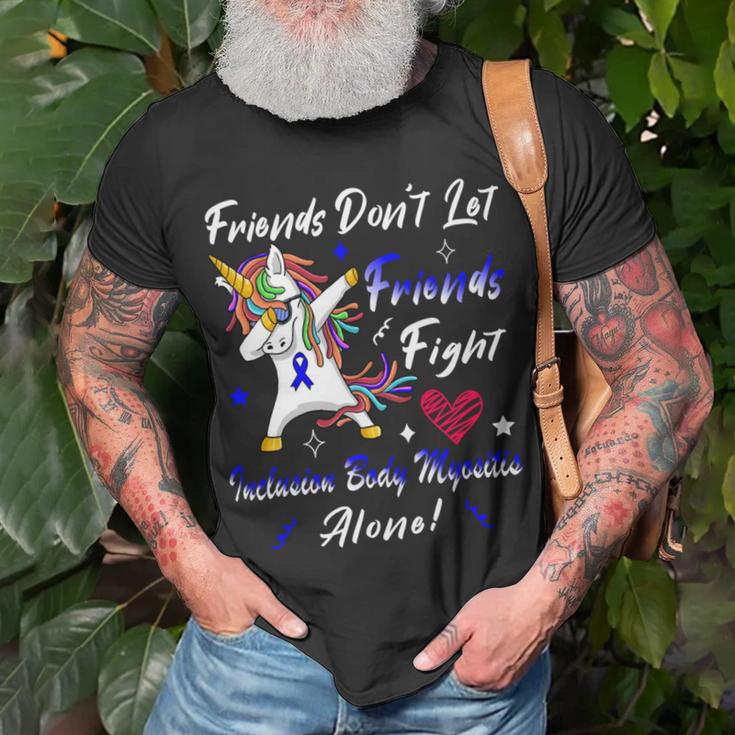 Friends Dont Let Friends Fight Ibm Alone Unicorn Blue Ribbon Inclusion Body Myositis Inclusion Body Myositis Awareness Unisex T-Shirt Gifts for Old Men