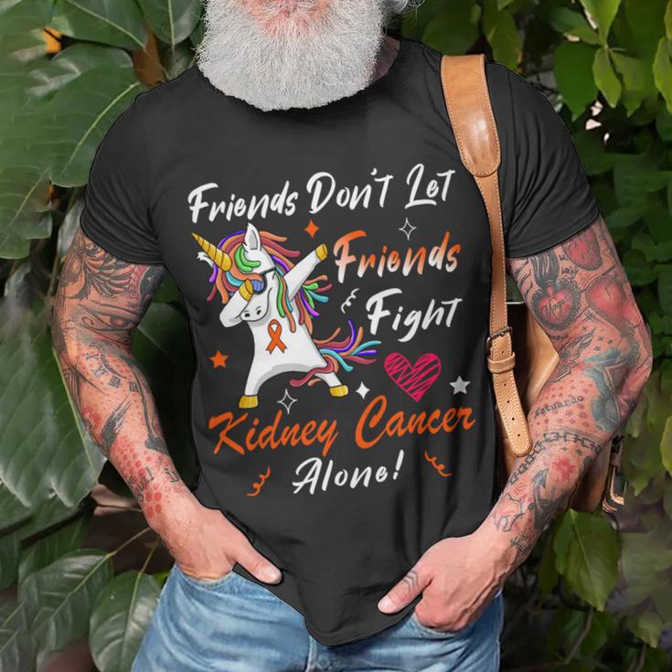 Friends Dont Let Friends Fight Kidney Cancer Alone Unicorn Orange Ribbon Kidney Cancer Kidney Cancer Awareness Unisex T-Shirt Gifts for Old Men