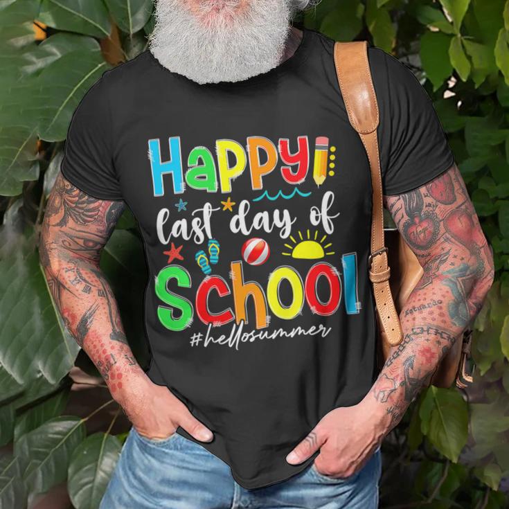 Funny Happy Last Day Of School Hello Summer Multicolored Unisex T-Shirt Gifts for Old Men