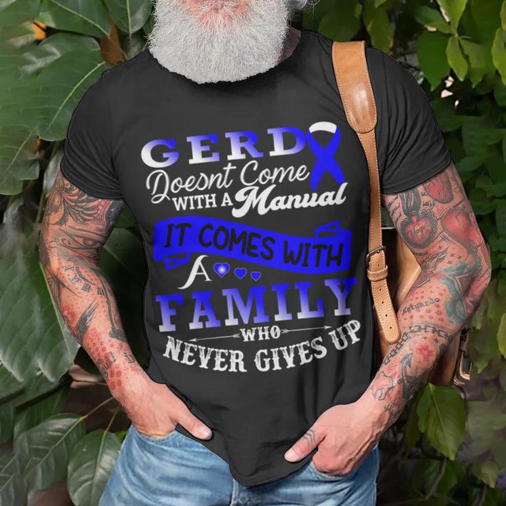 Gerd Doesnt Come With A Manual It Comes With A Family Who Never Gives Up Periwinkle Blue Ribbon Gastroesophageal Reflux Disease Gerd Awareness Unisex T-Shirt Gifts for Old Men