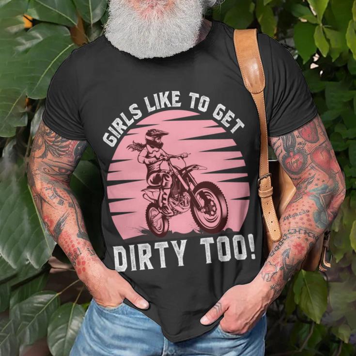 Girls Like To Get Dirty Too Funny Girl Motocross Gift Girl Motorcycle Lover Vintage V2 Unisex T-Shirt Gifts for Old Men