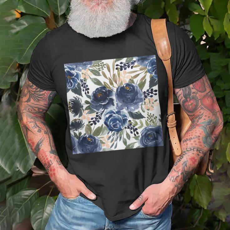 Pattern Watercolor Flower Navy Blue Unisex T-Shirt Gifts for Old Men