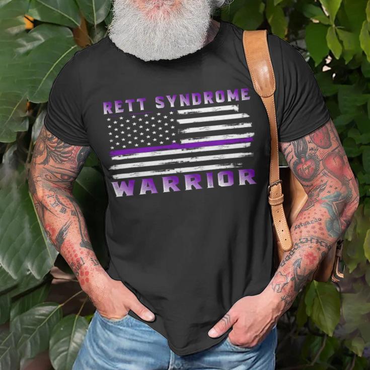 Rett Syndrome Warrior Usa Flag United States Flag Purple Ribbon Rett Syndrome Rett Syndrome Awareness Unisex T-Shirt Gifts for Old Men