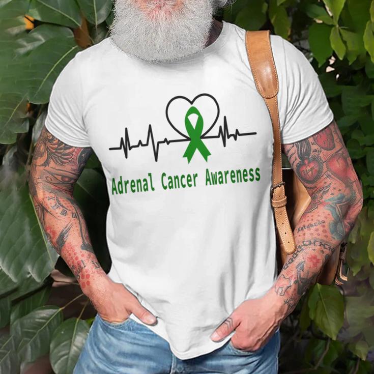 Adrenal Cancer Awareness Heartbeat Green Ribbon Adrenal Cancer Adrenal Cancer Awareness Unisex T-Shirt Gifts for Old Men