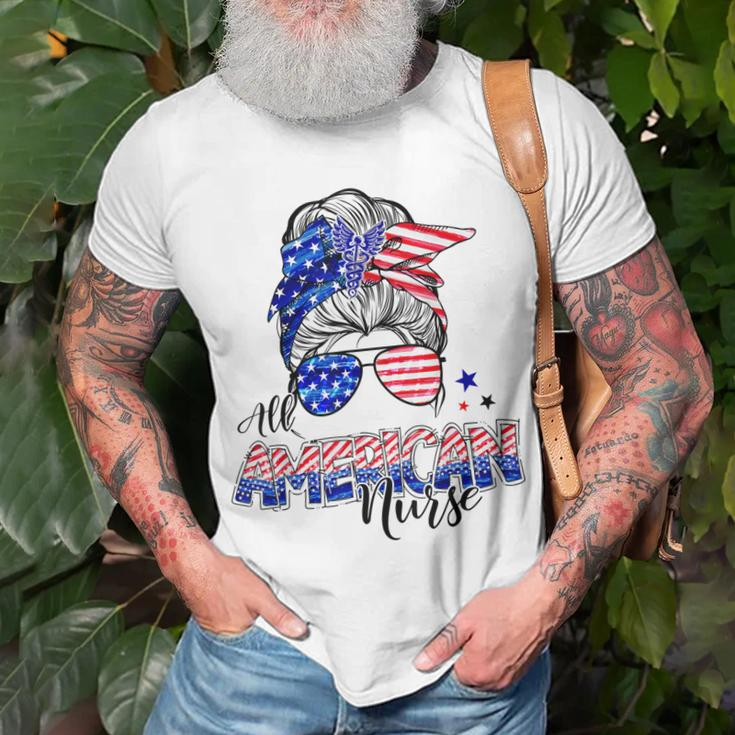 American Flag Patriotic Nurse Messy Bun 4Th Of July Unisex T-Shirt Gifts for Old Men