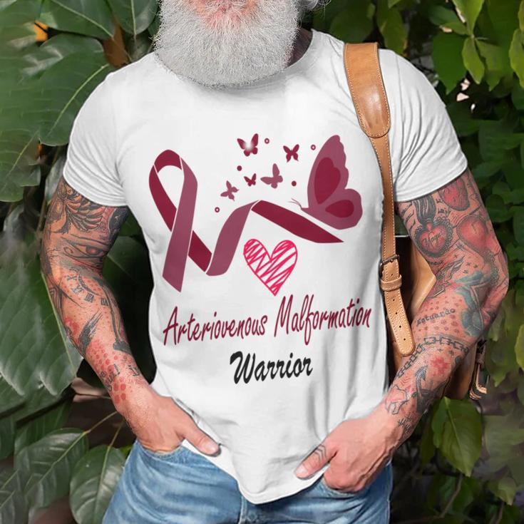 Arteriovenous Malformation Warrior Butterfly Funny Unicorn Burgundy Ribbon Arteriovenous Malformation Support Arteriovenous Malformation Awareness Unisex T-Shirt Gifts for Old Men