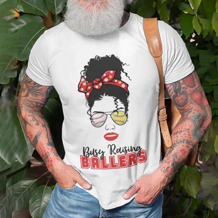 Baseball Busy Raising Ballers Momlife Mom Messy Bun Afro Mom Mothers Day Unisex T-Shirt Gifts for Old Men