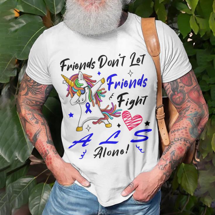 Friends Dont Let Friends Fight Als Alone Unicorn Blue Ribbon Amyotrophic Lateral Sclerosis Support Als Awareness Unisex T-Shirt Gifts for Old Men